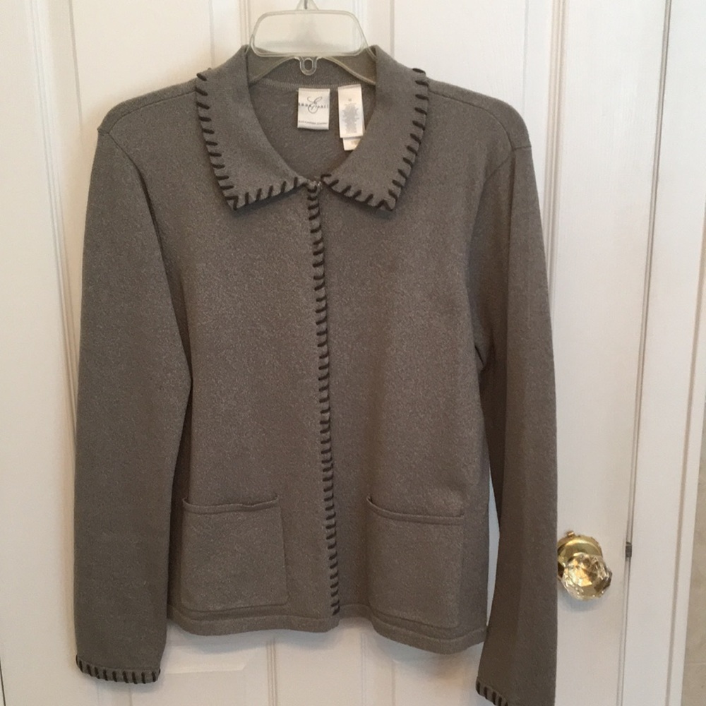 Emma James Womens Long Sleeve Sweater, Size Medium, Gray with Dark Gray Trim